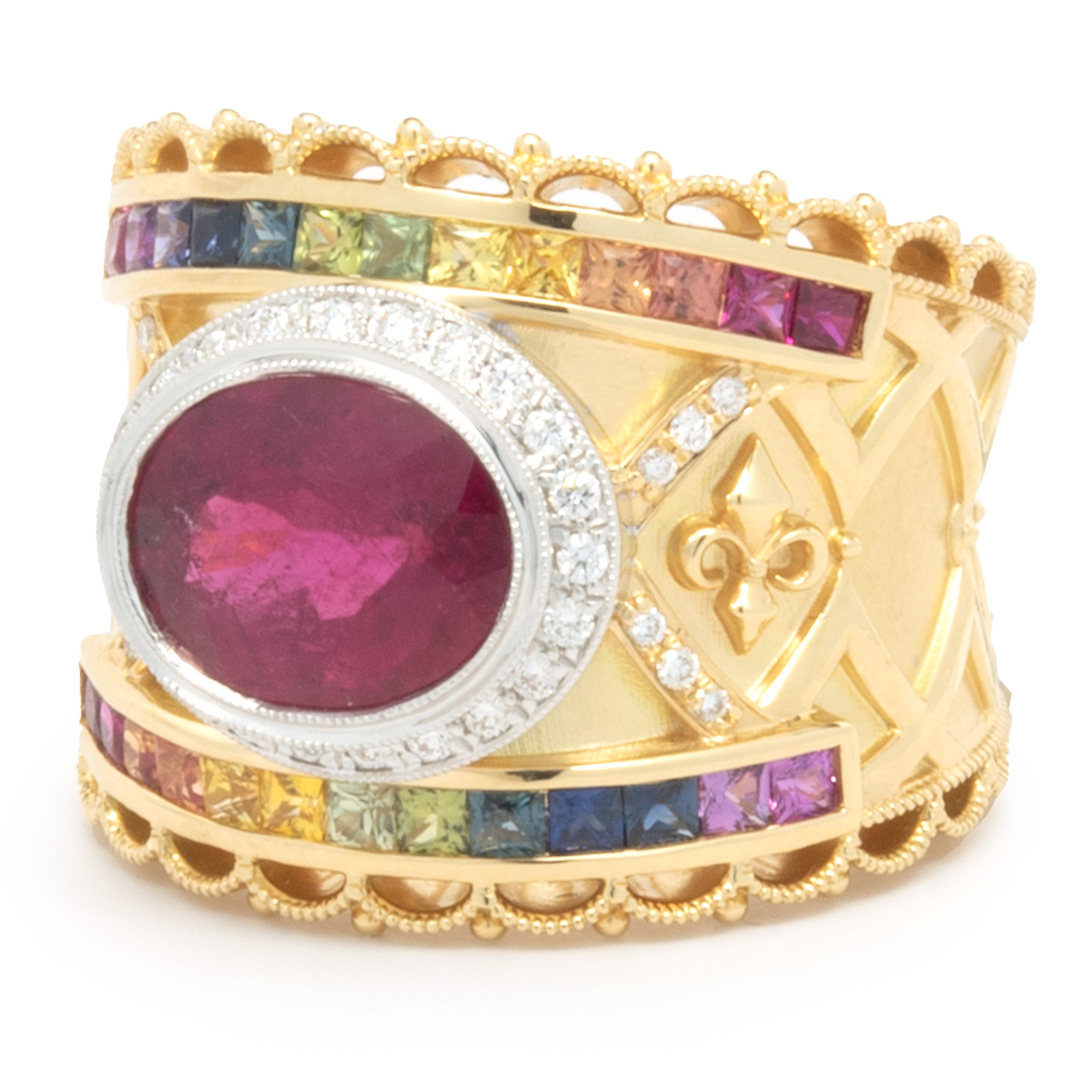 Oval Cut 18 Karat Yellow Gold Rubellite, Rainbow Sapphire, and Diamond Cocktail Ring For Sale
