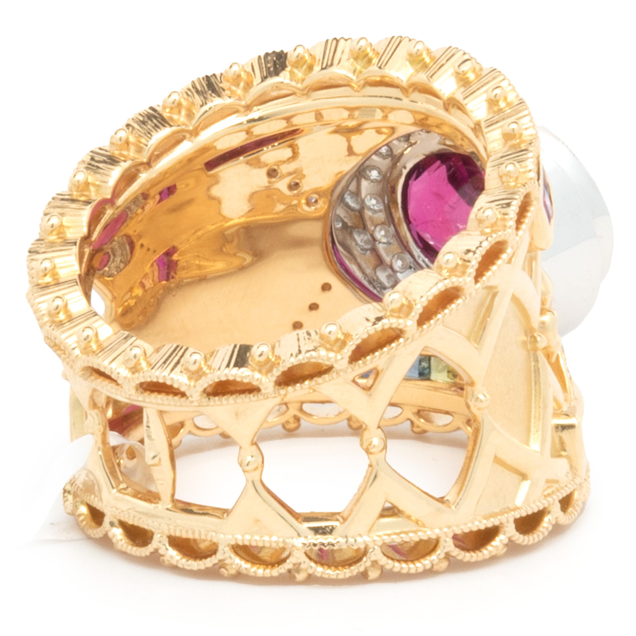 18 Karat Yellow Gold Rubellite, Rainbow Sapphire, and Diamond Cocktail Ring In Excellent Condition For Sale In Scottsdale, AZ