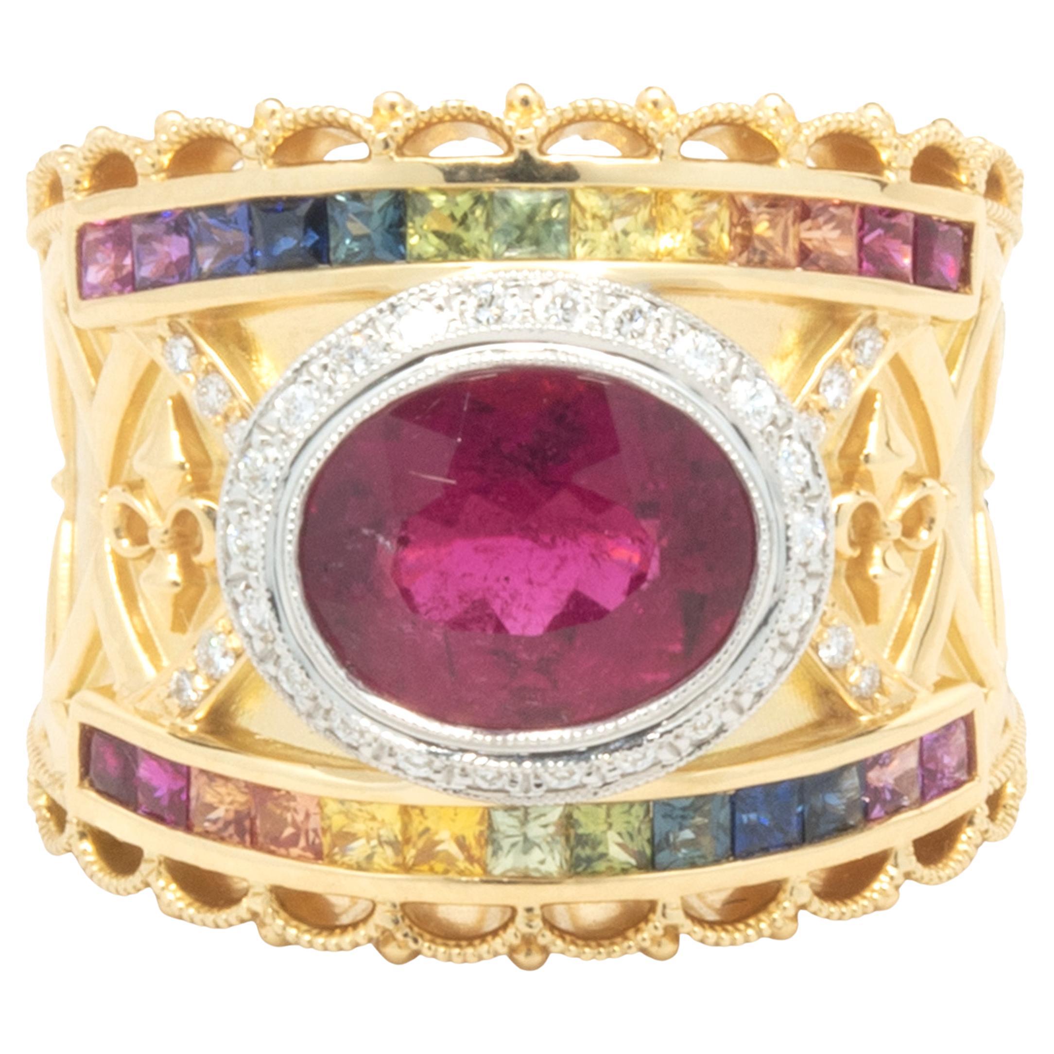 18 Karat Yellow Gold Rubellite, Rainbow Sapphire, and Diamond Cocktail Ring For Sale