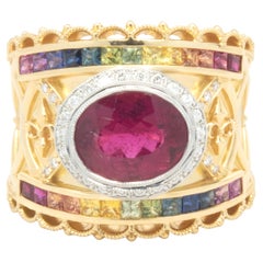18 Karat Yellow Gold Rubellite, Rainbow Sapphire, and Diamond Cocktail Ring 18 Karat Yellow Gold Rubellite, Rainbow Sapphire, and Diamond Cocktail Ring