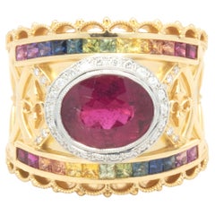 Bague cocktail en or jaune 18 carats avec rubellite, saphirs arc-en-ciel et diamants