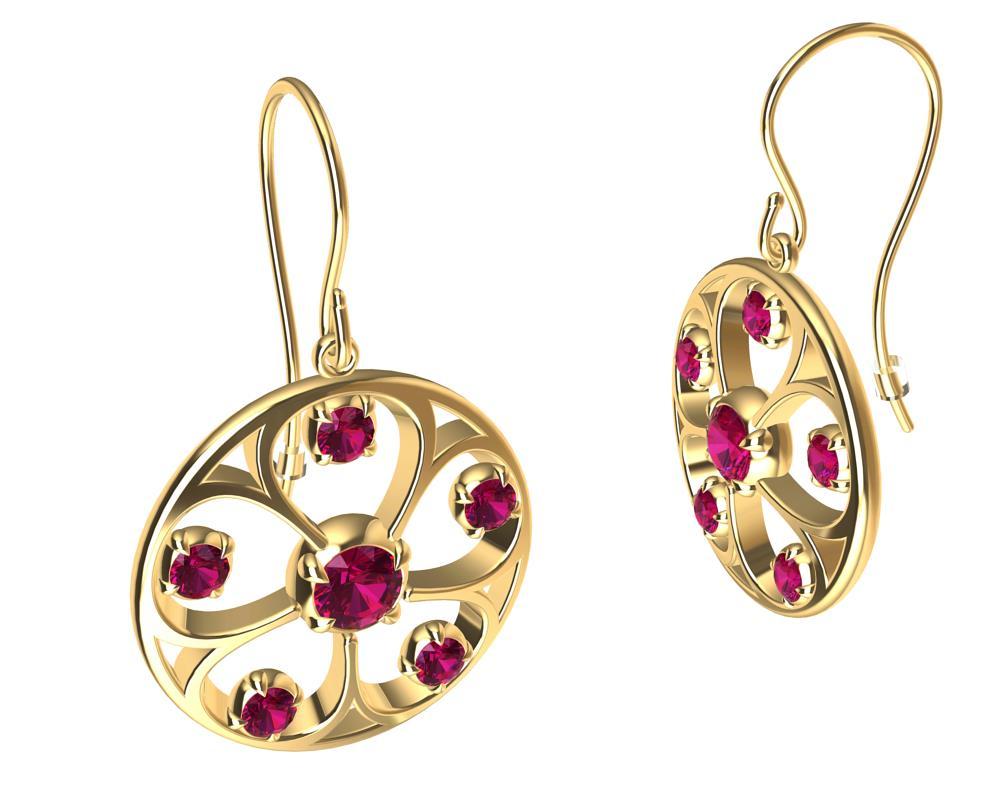 Contemporary 18 Karat Yellow Gold Rubies 5 Petal Flower Earrings For Sale