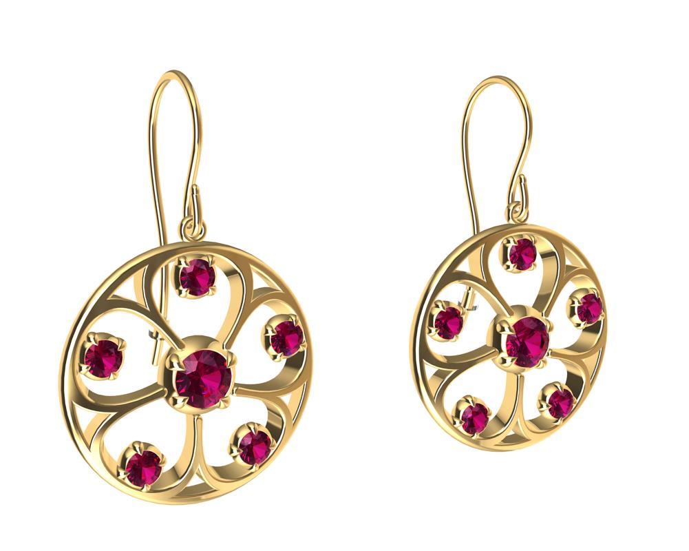 Round Cut 18 Karat Yellow Gold Rubies 5 Petal Flower Earrings For Sale