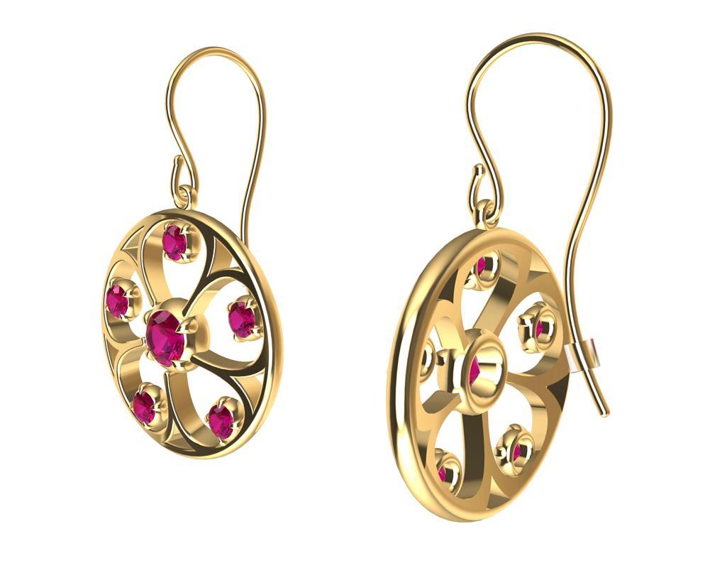 Women's 18 Karat Yellow Gold Rubies 5 Petal Flower Earrings For Sale