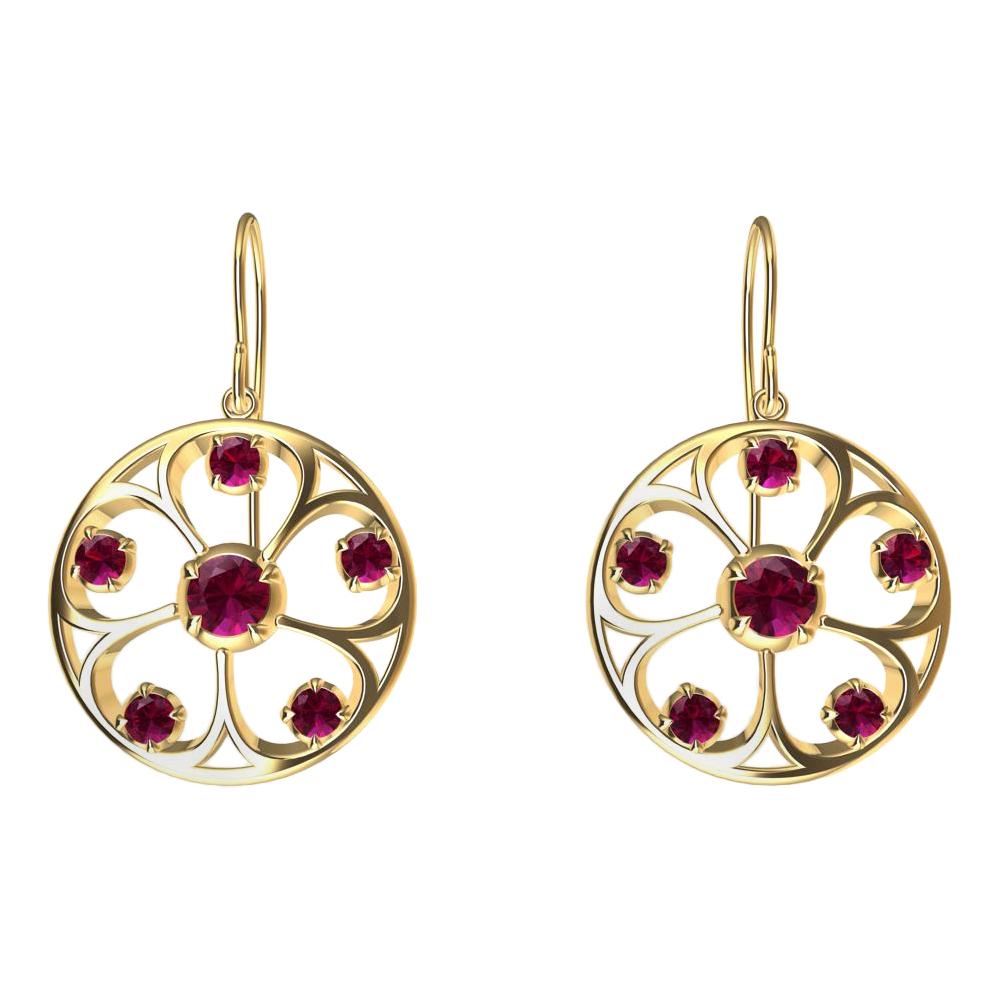 18 Karat Yellow Gold Rubies 5 Petal Flower Earrings