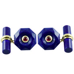 Boutons de manchette en or jaune 18 carats, rubis et lapis-lazuli