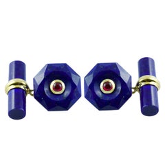 18 Karat Yellow Gold Rubies and Lapis Lazuli Cufflinks