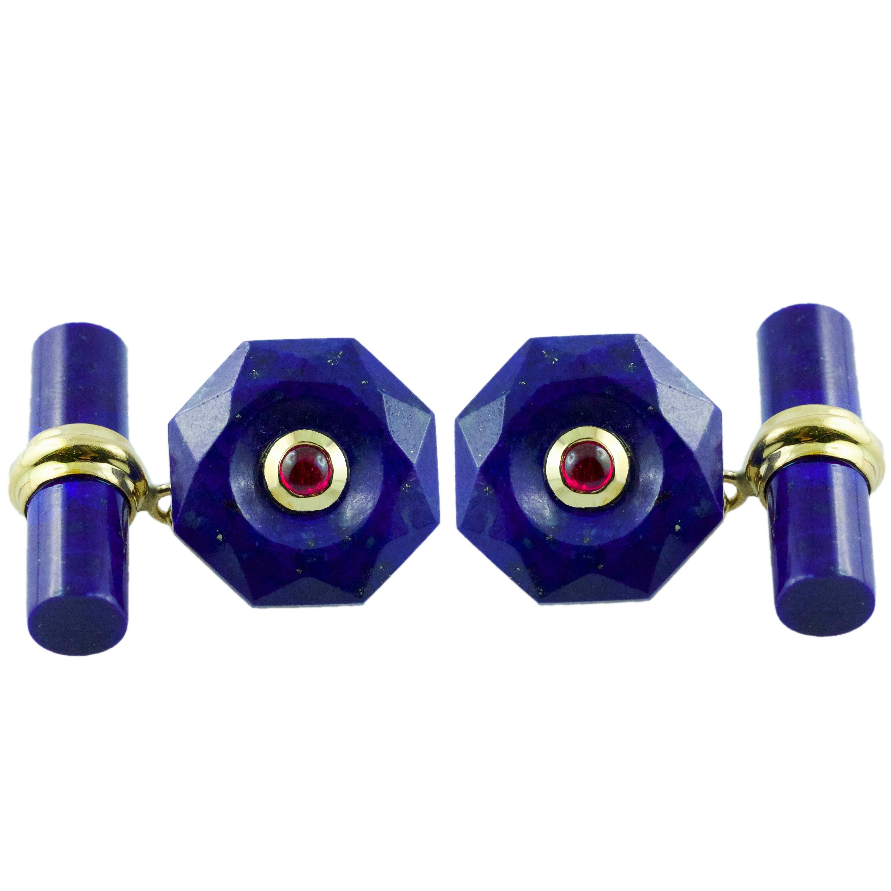 18 Karat Yellow Gold Rubies and Lapis Lazuli Cufflinks