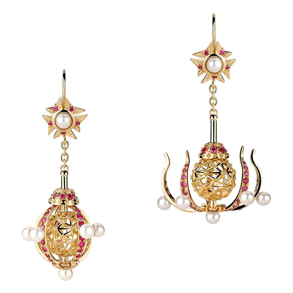 18 Karat Yellow Gold Rubies and Pearls Transforming Chandelier Earrings For Sale