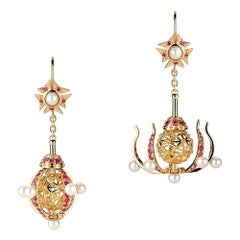18 Karat Yellow Gold Rubies and Pearls Transforming Chandelier Earrings