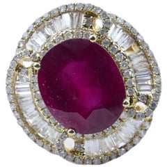 18 Karat Yellow Gold Ruby and Baguette Diamond "Ballerina" Ring