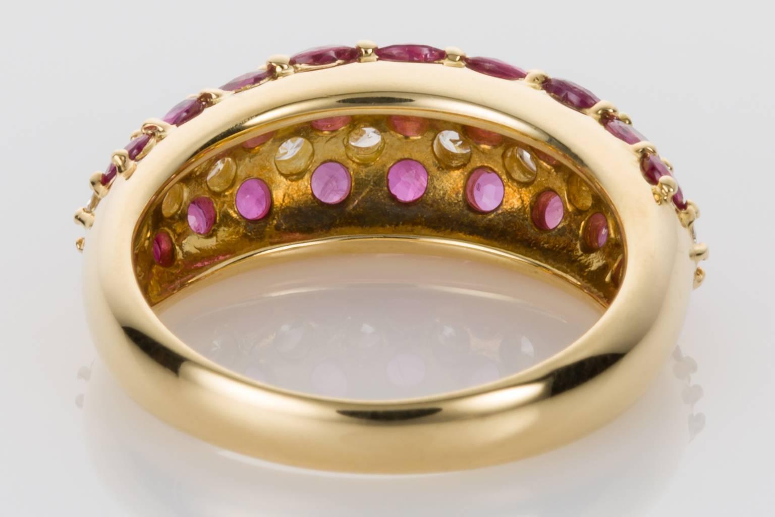 Round Cut 18 Karat Yellow Gold Ruby and Diamond Band Ring For Sale