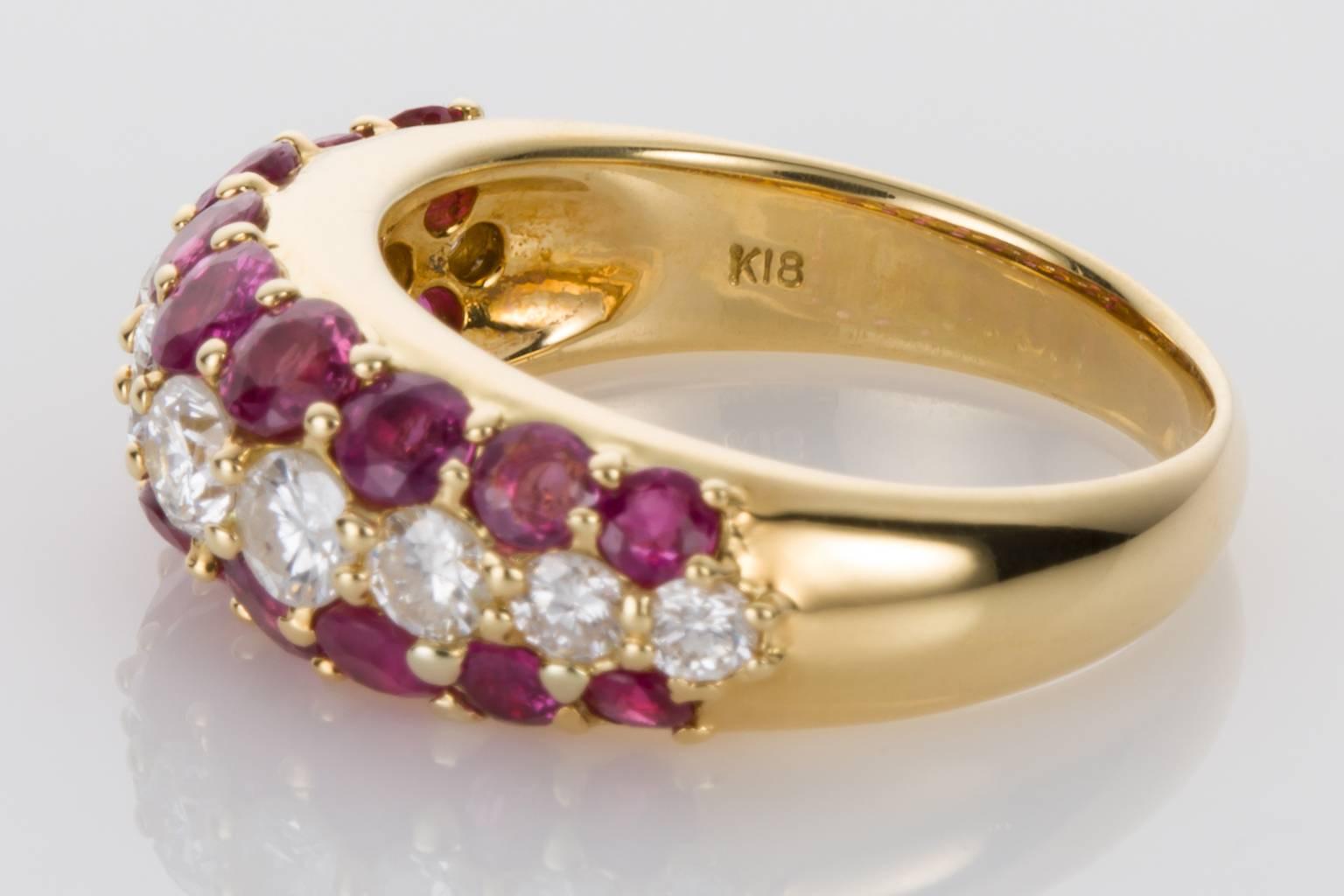 Women's 18 Karat Yellow Gold Ruby and Diamond Band Ring For Sale