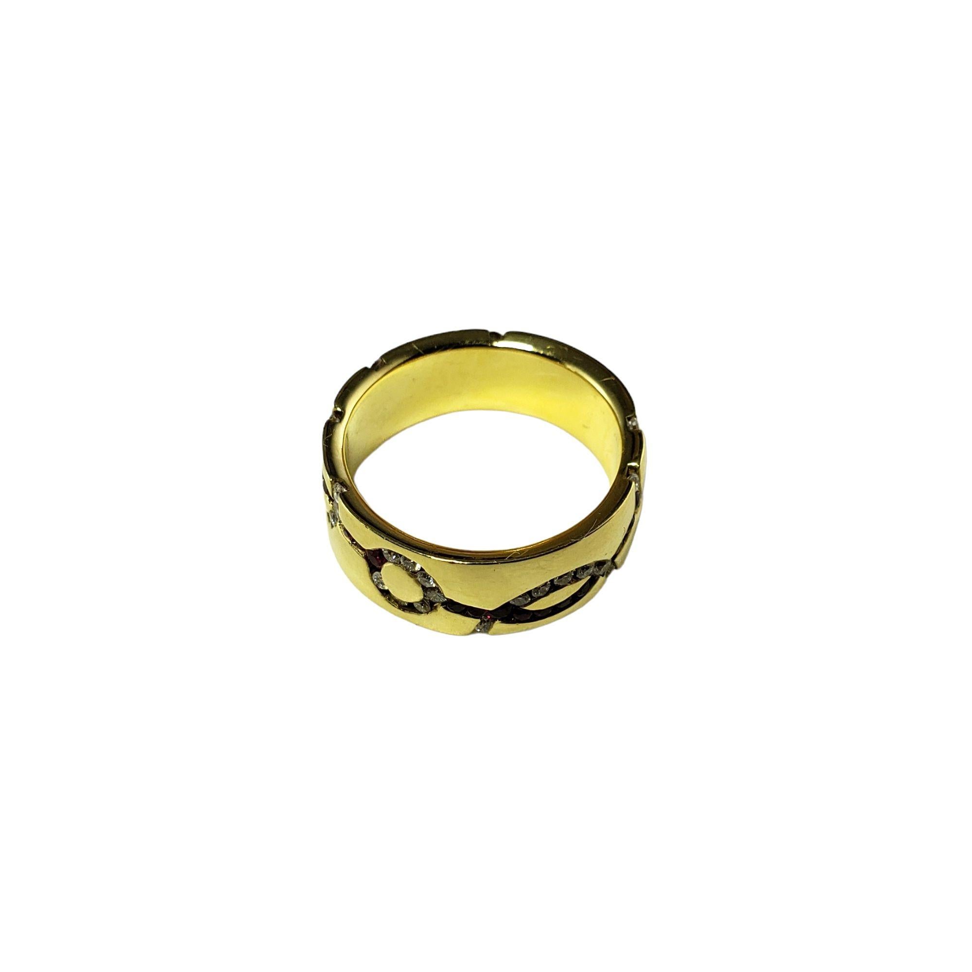 Vintage 18 Karat Gelbgold Rubin und Diamant Band Ring Größe 6,5 JAGi zertifiziert-

Dieses hübsche Band ist mit 45 runden Diamanten im Brillantschliff und 35 natürlichen Rubinen in klassischem 18-karätigem Gelbgold gefasst. Breite: 7