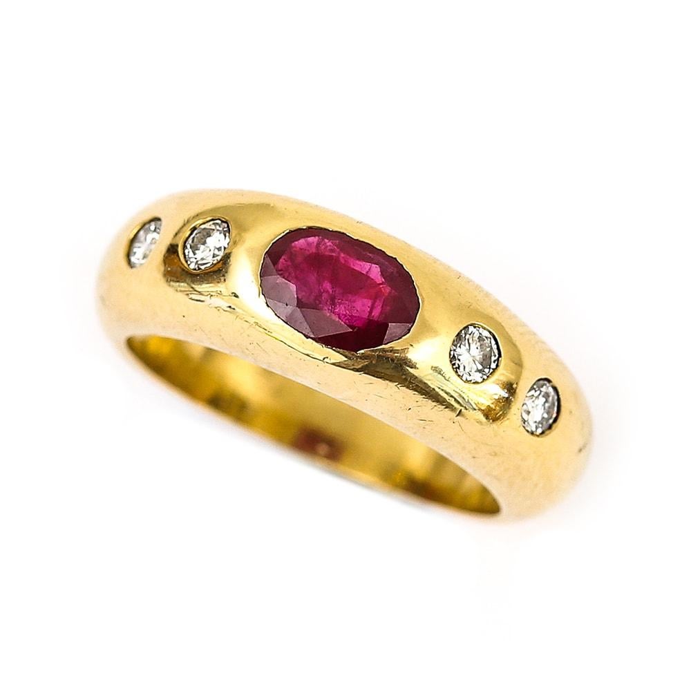 Cartier Style 18 Karat Yellow Gold Ruby and Diamond Gypsy Set Ring 1