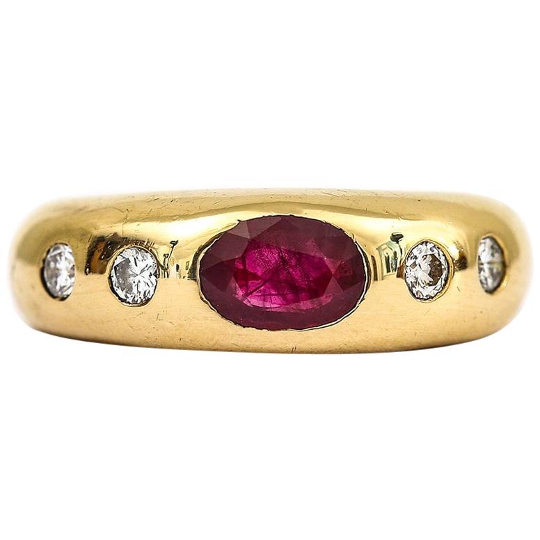 Cartier Style 18 Karat Yellow Gold Ruby and Diamond Gypsy Set Ring