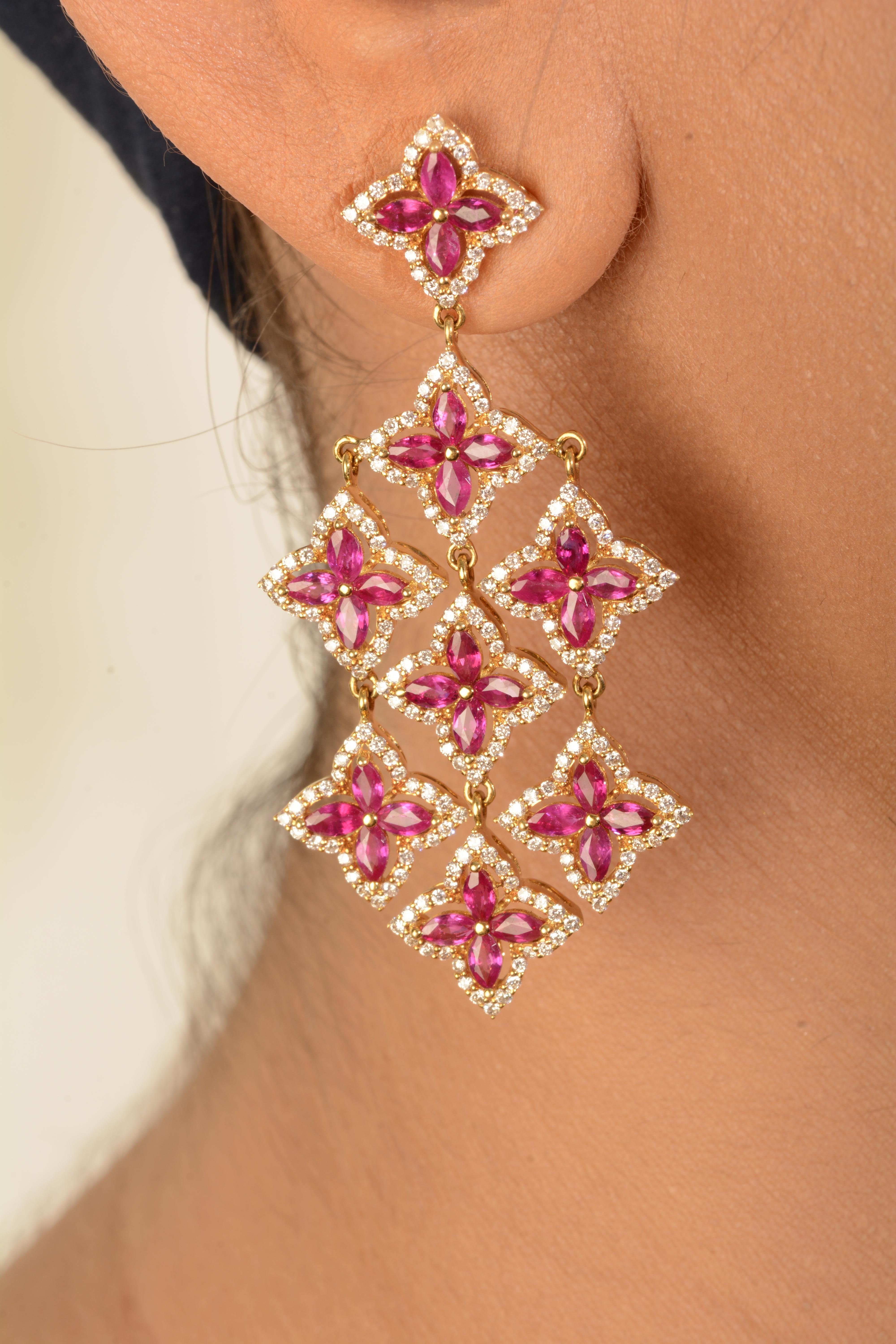 Contemporary 18 Karat Yellow Gold Ruby and Diamond Chandelier Earrings For Sale