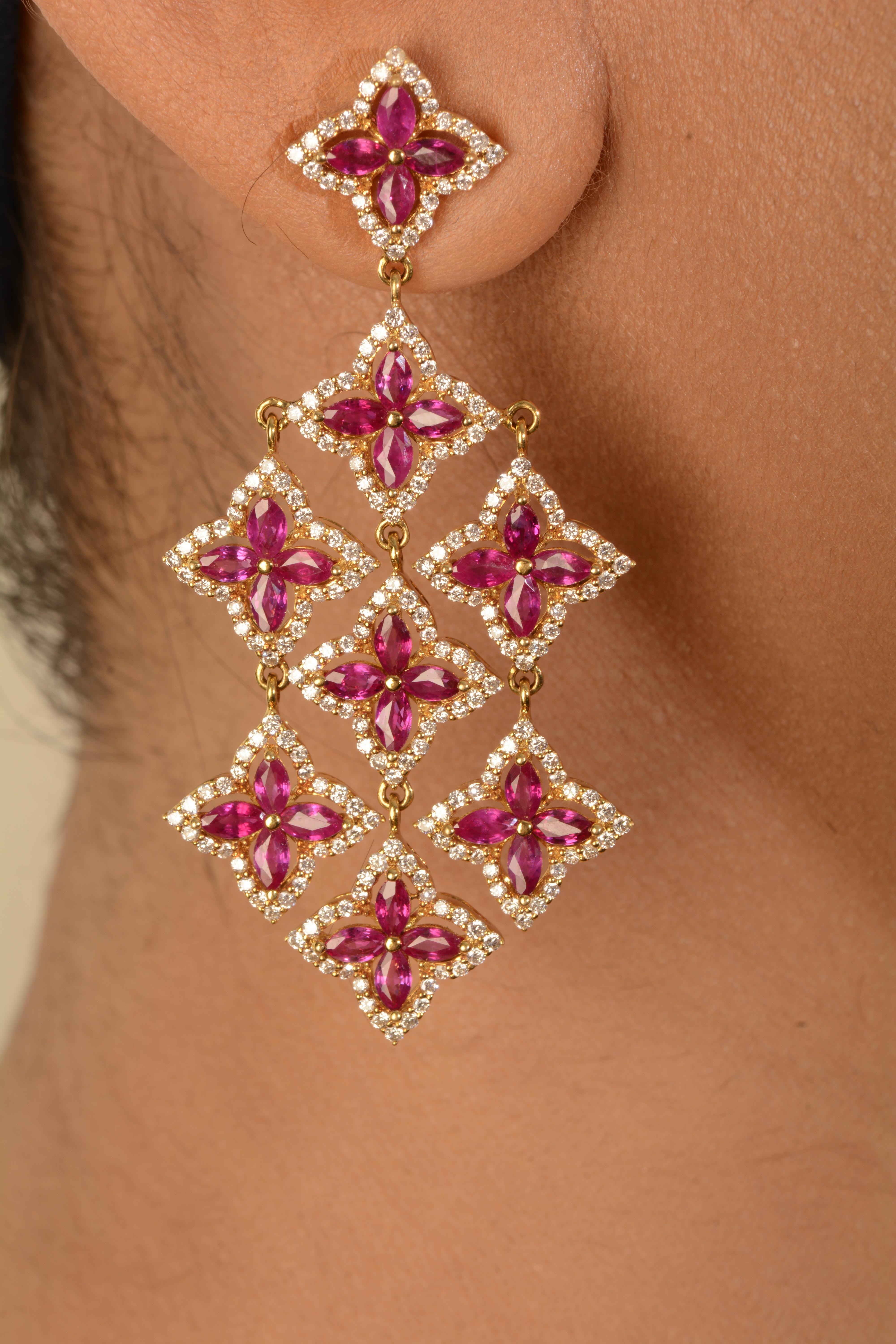 Mixed Cut 18 Karat Yellow Gold Ruby and Diamond Chandelier Earrings For Sale