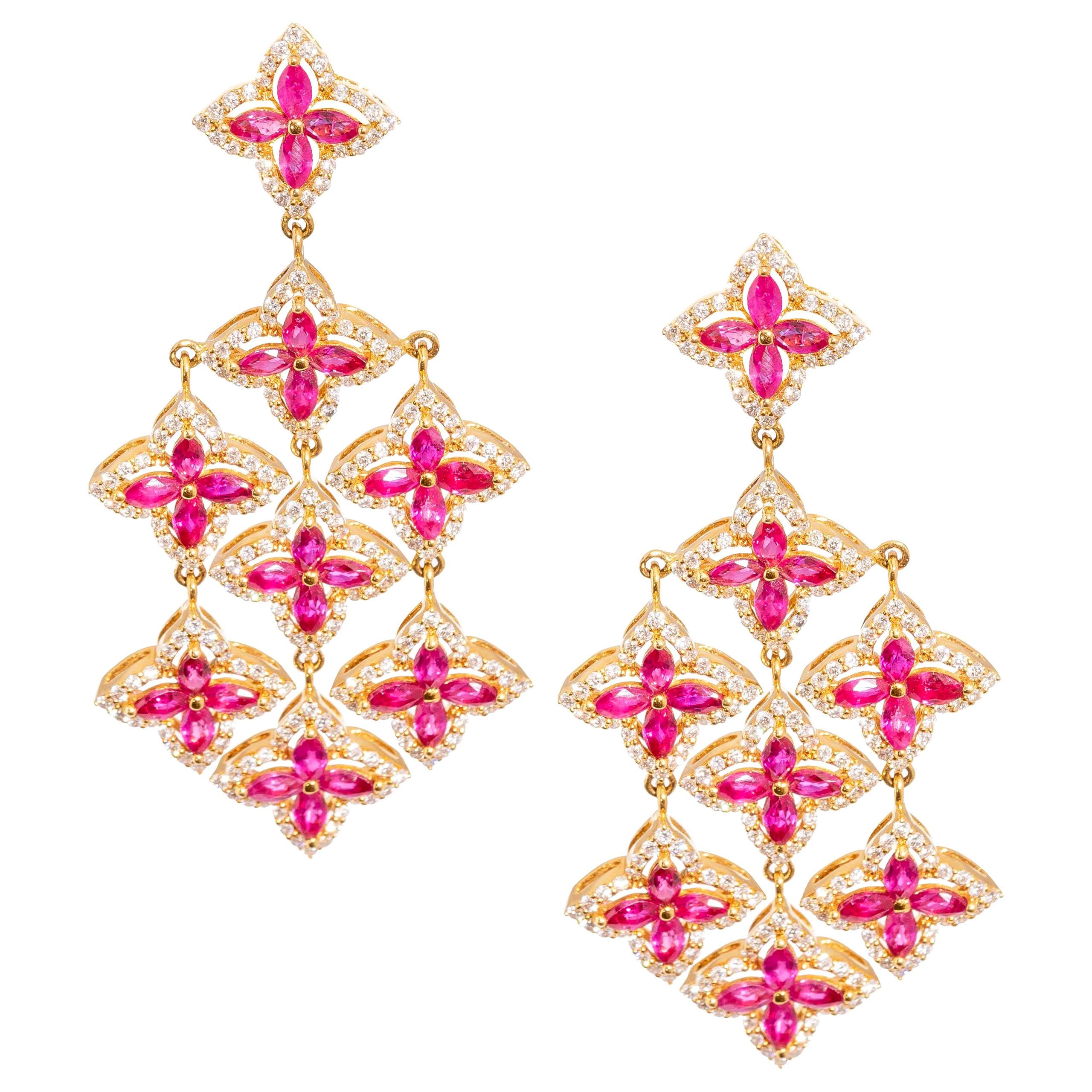 18 Karat Yellow Gold Ruby and Diamond Chandelier Earrings For Sale
