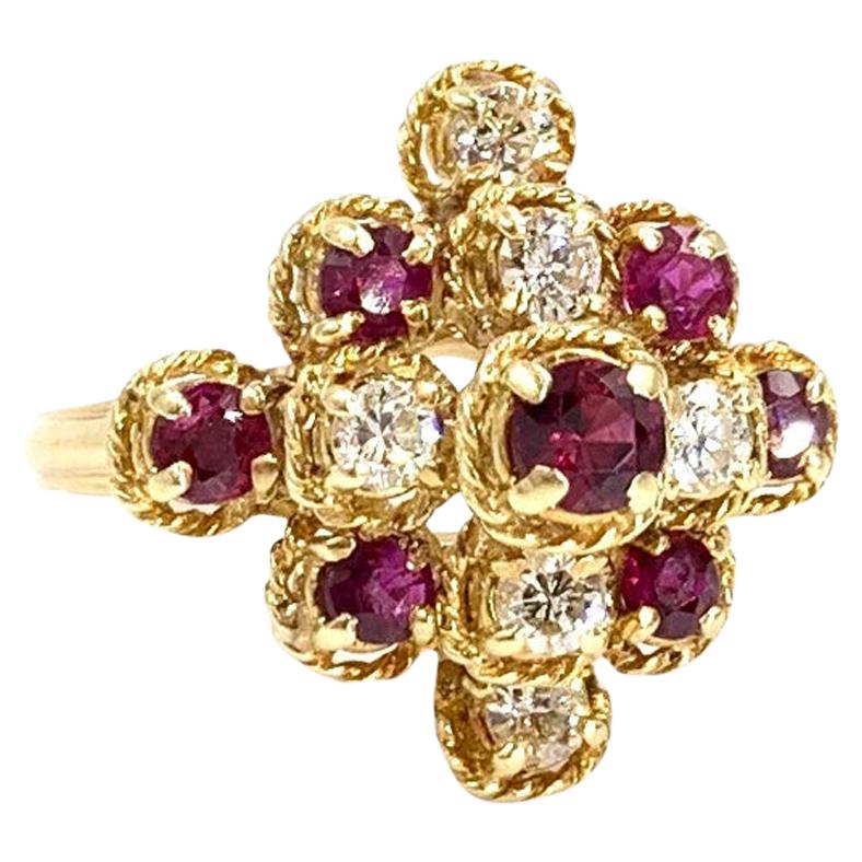 18 Karat Yellow Gold Ruby and Diamond Cluster Ring For Sale