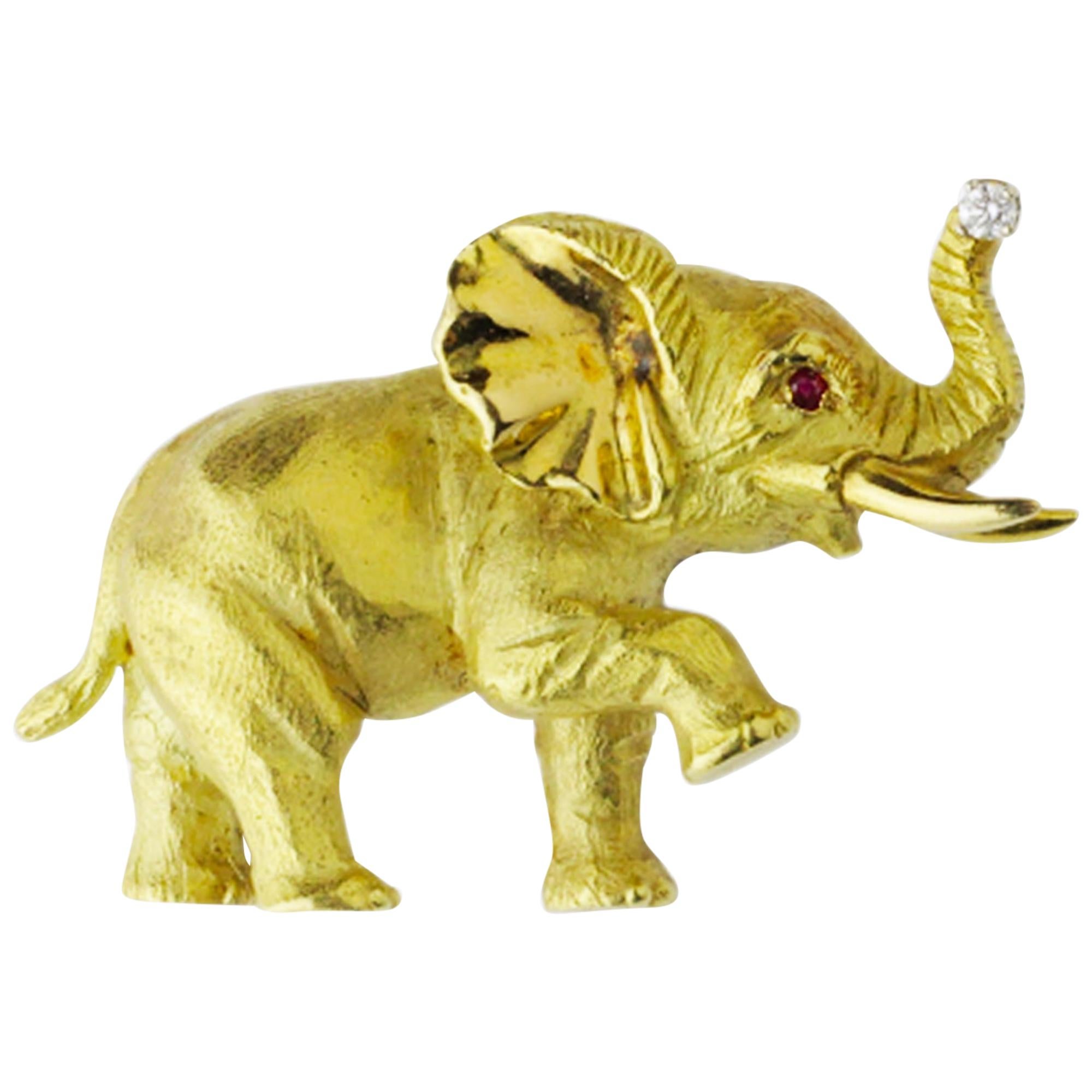 18 Karat Yellow Gold, Ruby, and Diamond Elephant Brooch For Sale