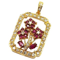 18 Karat Yellow Gold Ruby and Diamond Floral Pendant