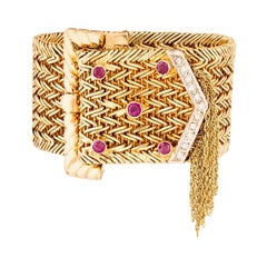 18 Karat Yellow Gold Ruby and Diamond Fringe Buckle Bracelet