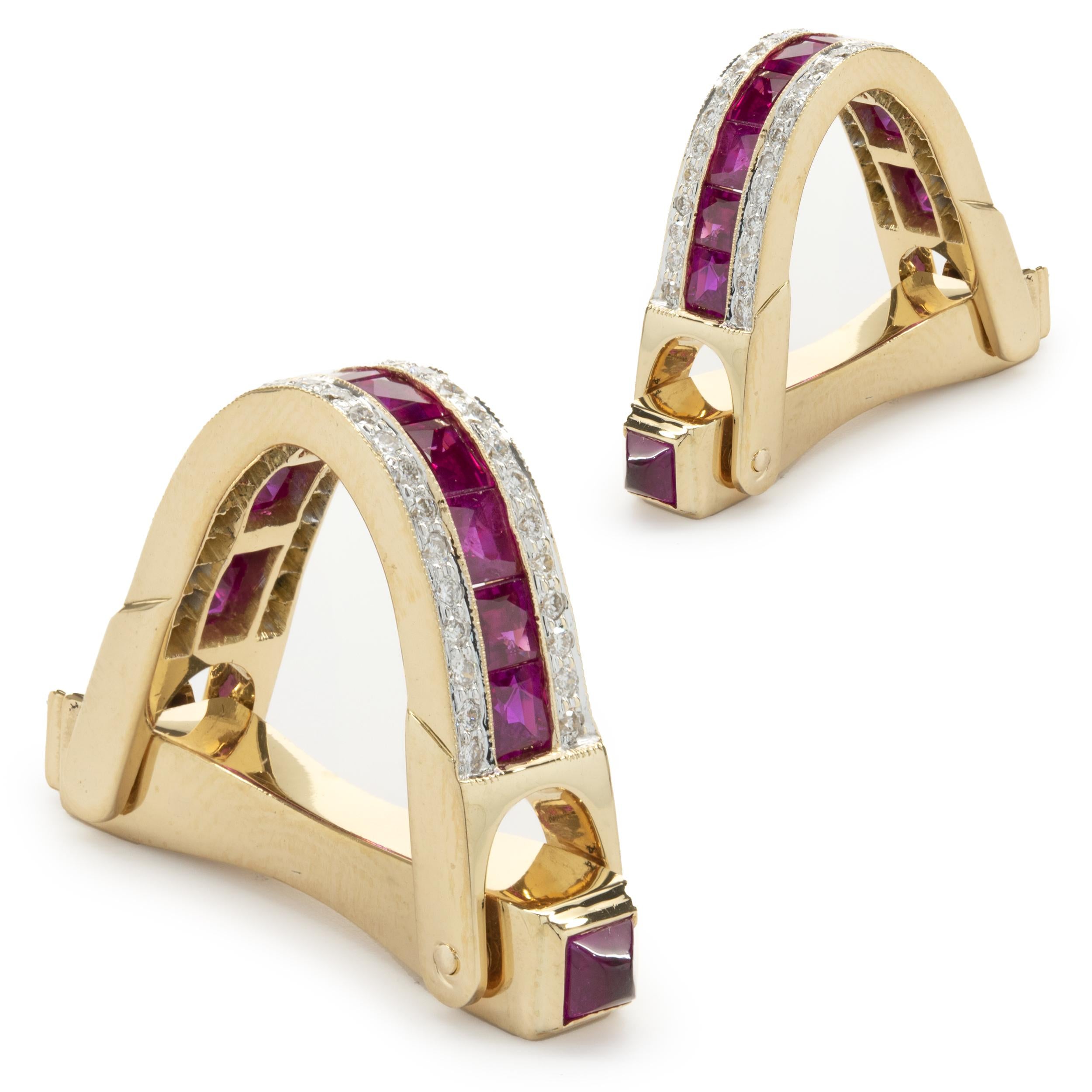 18 Karat Yellow Gold Ruby and Diamond Geometric Bridge Cufflinks In Excellent Condition For Sale In Scottsdale, AZ
