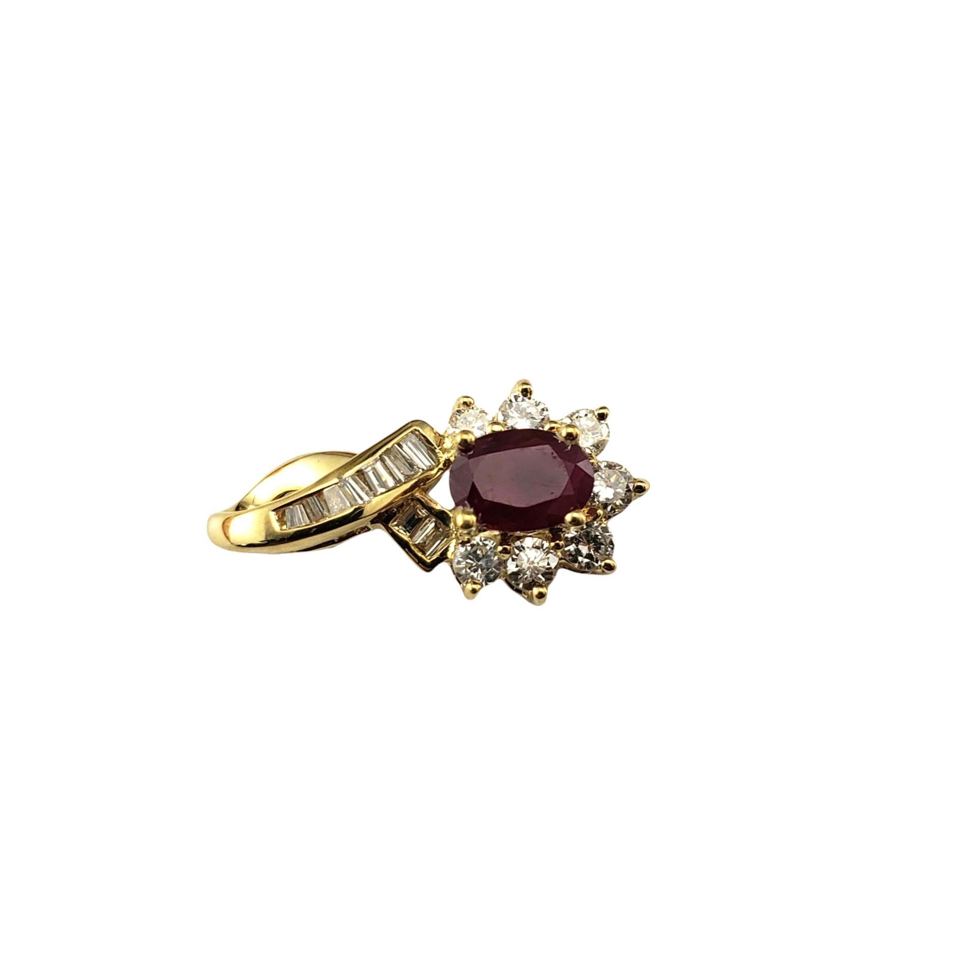 18K Yellow Gold Ruby and Diamond Pendant JAGi Certified-

This stunning pendant features one oval cut natural ruby (5.7 mm x 4.0 mm), seven round brilliant cut diamonds and nine baguette cut diamonds set in classic 18K yellow gold.

Ruby weight: 