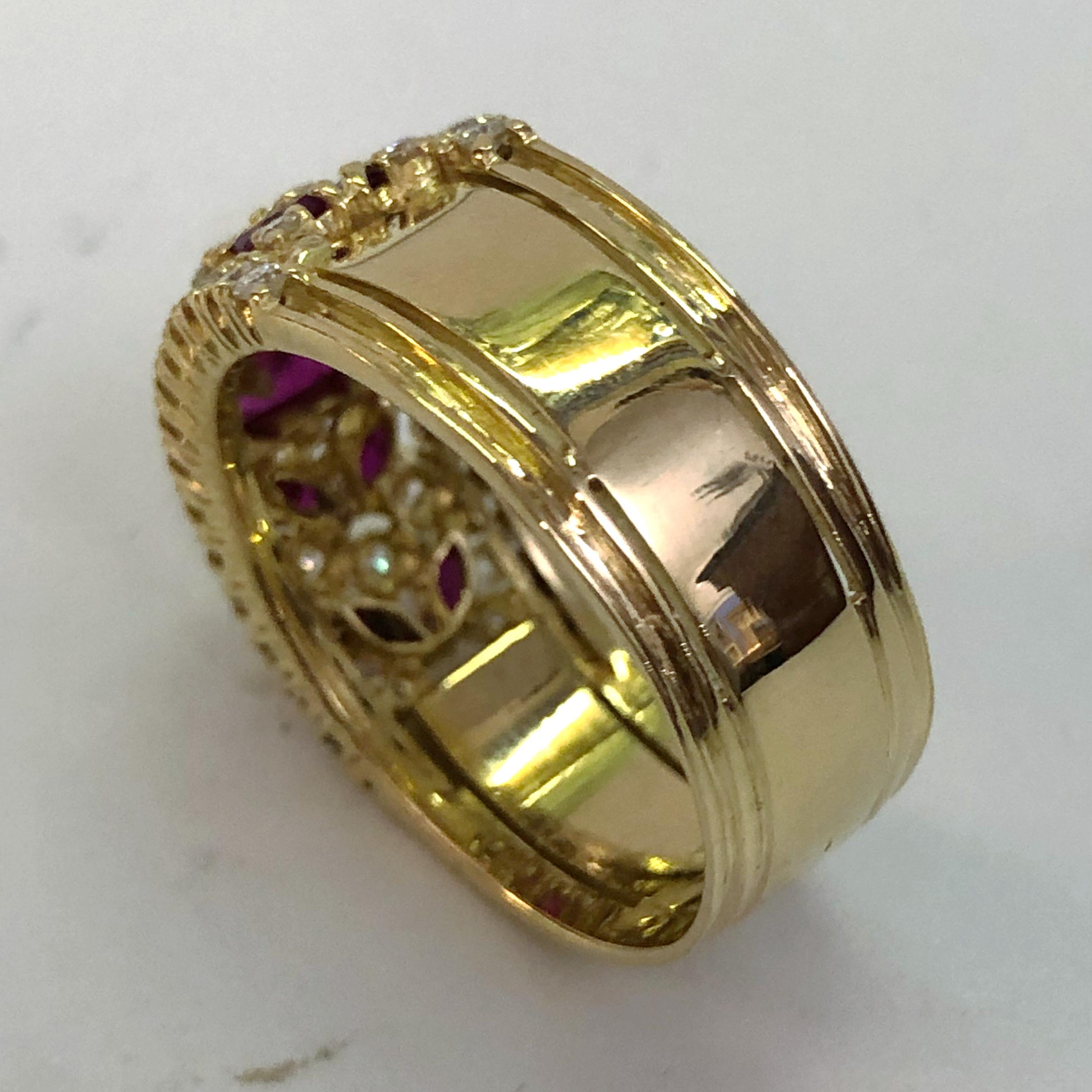 Women's or Men's 18 Karat Yellow Gold Ruby and Diamond Ring For Sale