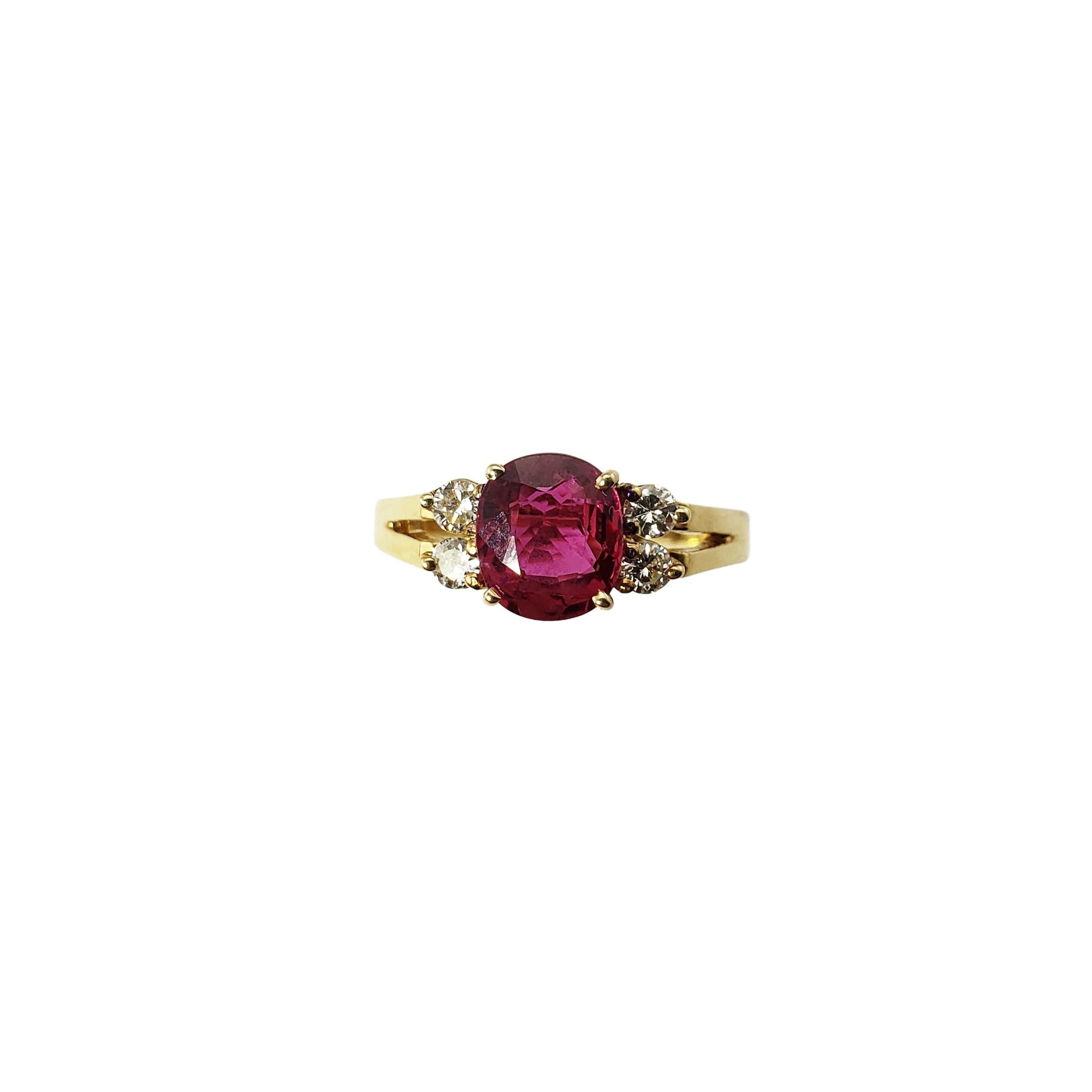 18 Karat Yellow Gold Ruby and Diamond Ring Size 4.75 GAI Certified-

This lovely ring feature one cushion cut ruby (6 mm) and four round brilliant cut diamonds set in classic 18K yellow gold. 

Ruby carat weight:  1.18 ct.

Total diamond weight: 