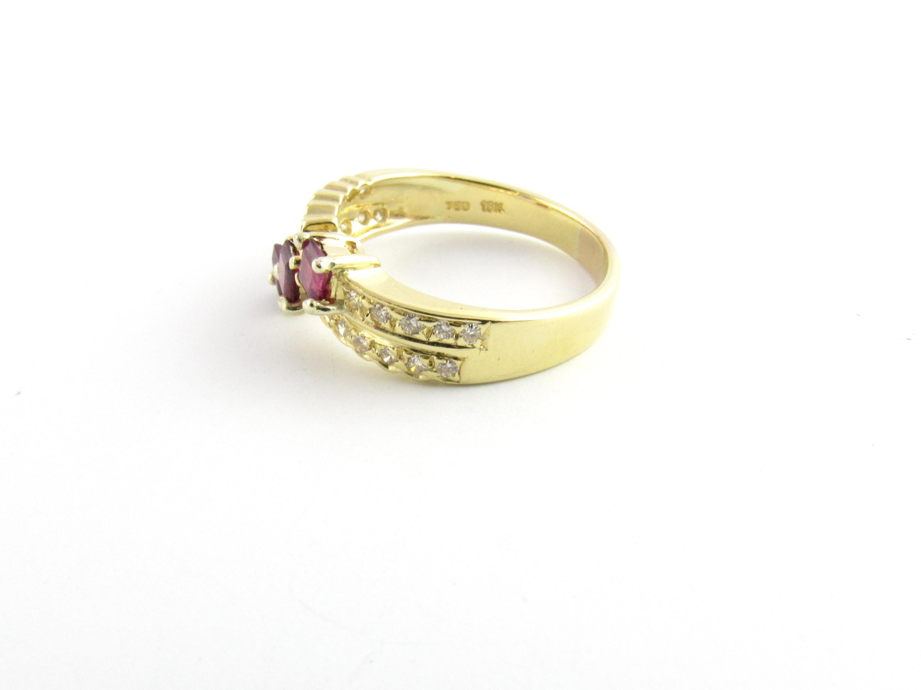 Vintage 18 Karat Yellow Gold Ruby and Diamond Ring Size 8.25

This lovely ring features three square rubies (4 mm x 4 mm) and 22 round brilliant cut diamonds set in classic 14K yellow gold. Width: 8 mm. Shank: 3 mm.

Approximate total diamond