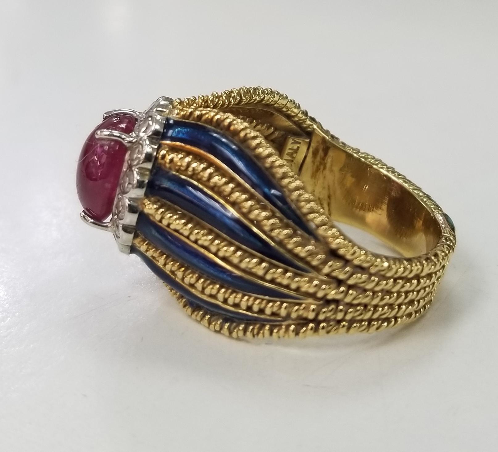Contemporary 18 Karat Yellow Gold Ruby and Diamond Ring with 8 Blue Enamel Strips For Sale