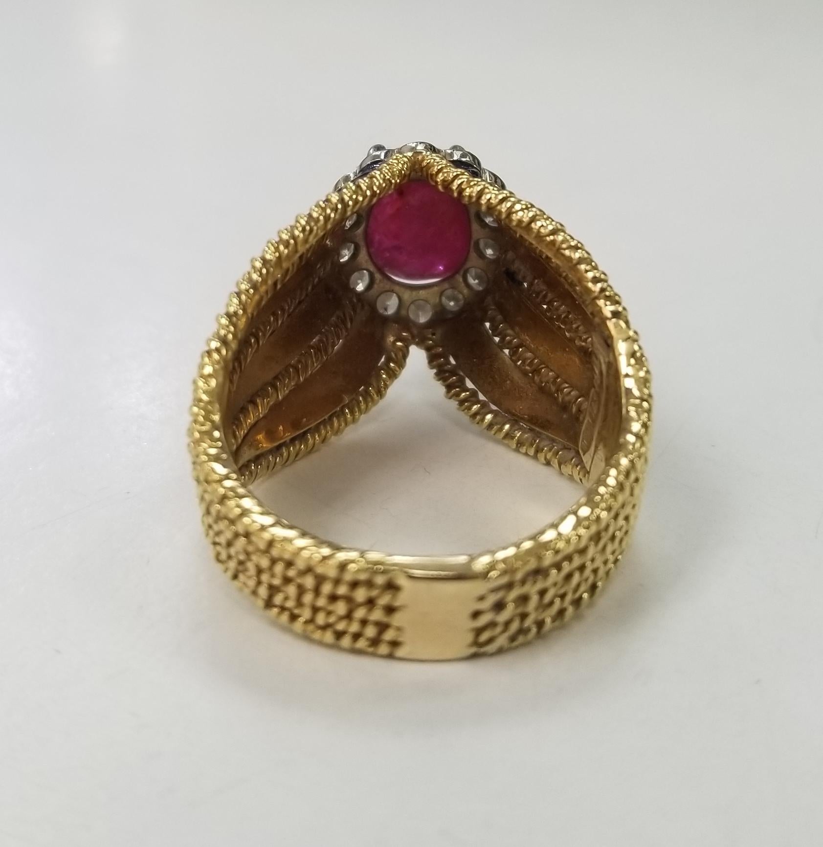 Oval Cut 18 Karat Yellow Gold Ruby and Diamond Ring with 8 Blue Enamel Strips For Sale