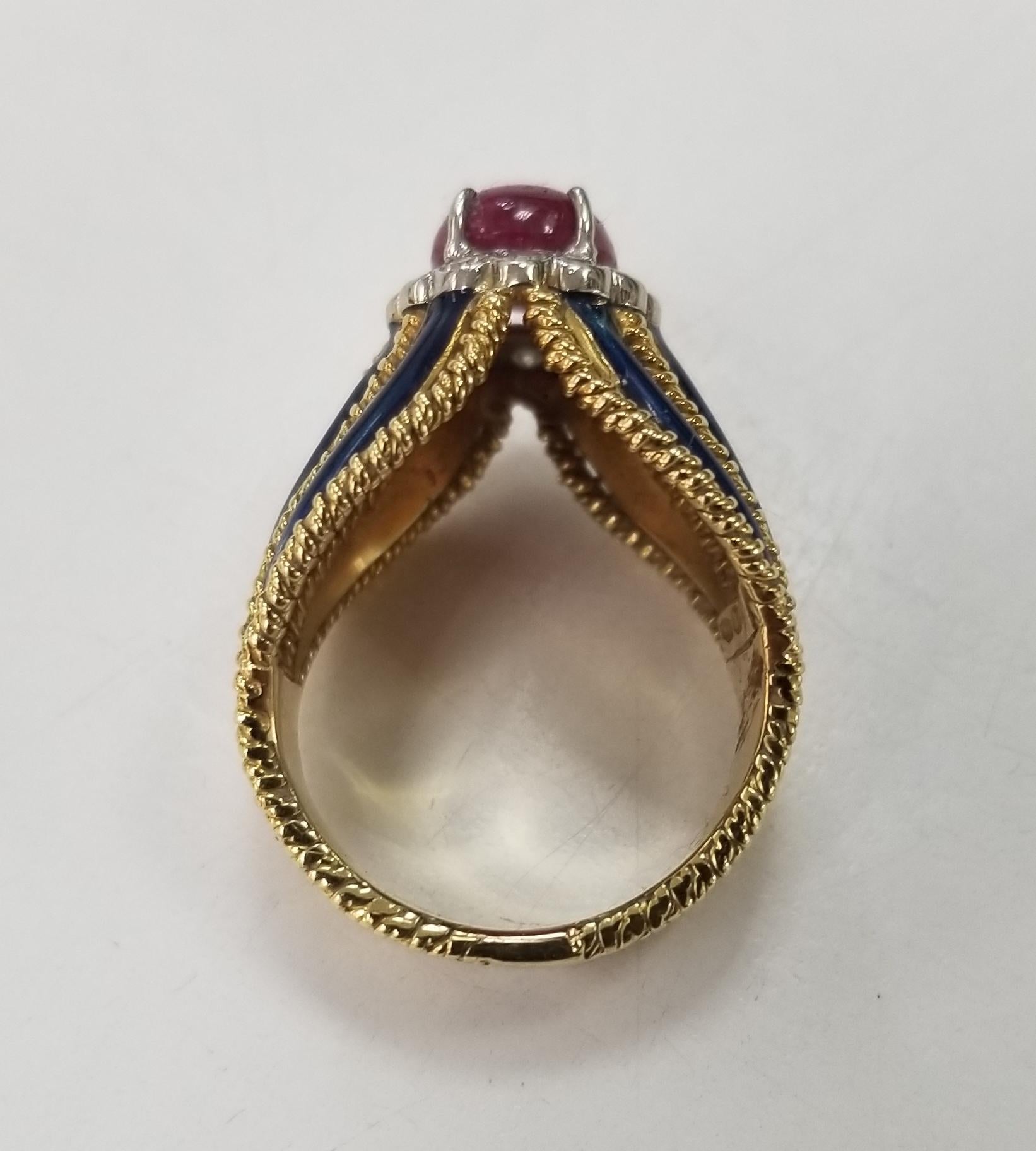 18 Karat Yellow Gold Ruby and Diamond Ring with 8 Blue Enamel Strips In Excellent Condition For Sale In Los Angeles, CA