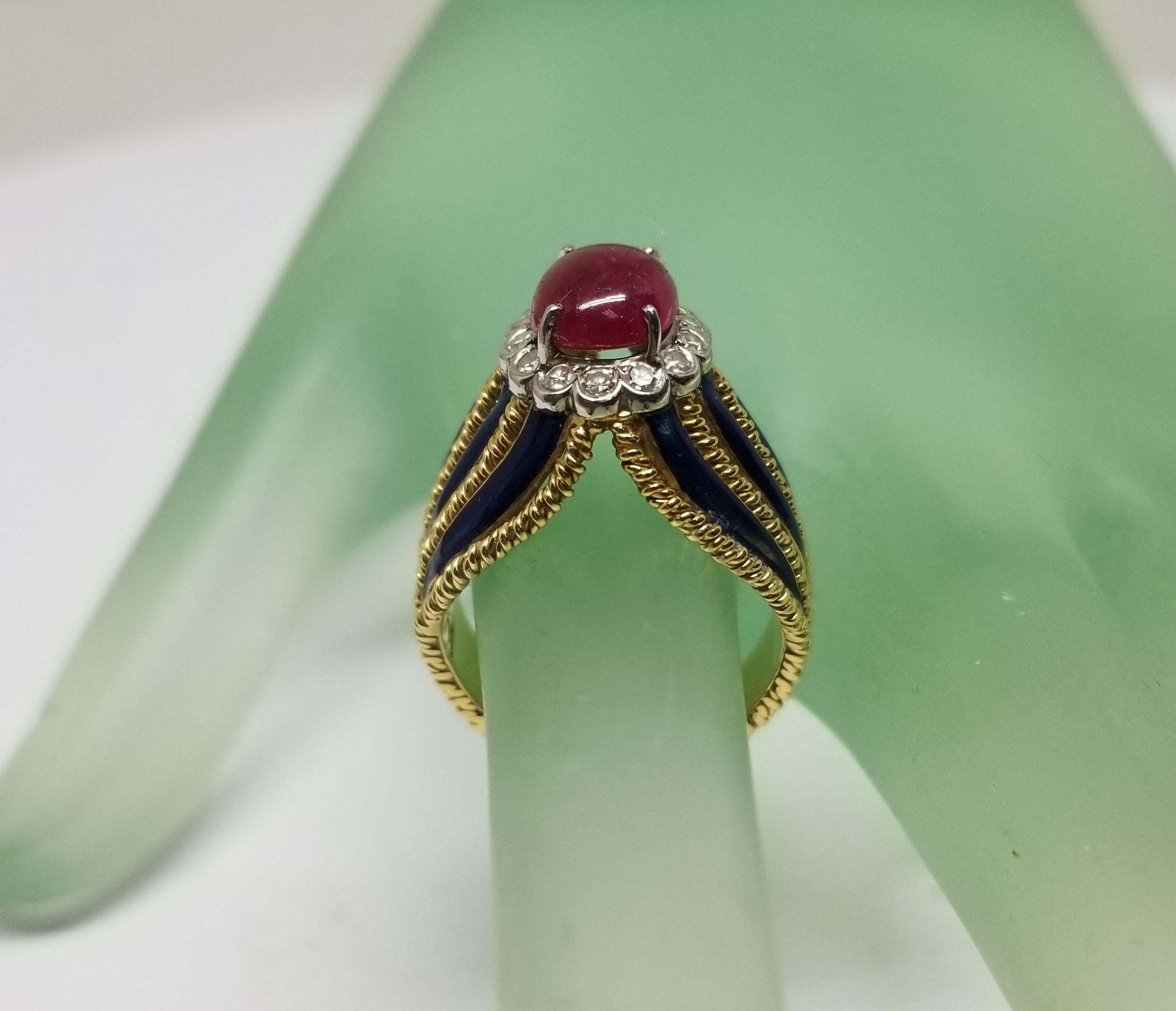 18 Karat Yellow Gold Ruby and Diamond Ring with 8 Blue Enamel Strips For Sale 1