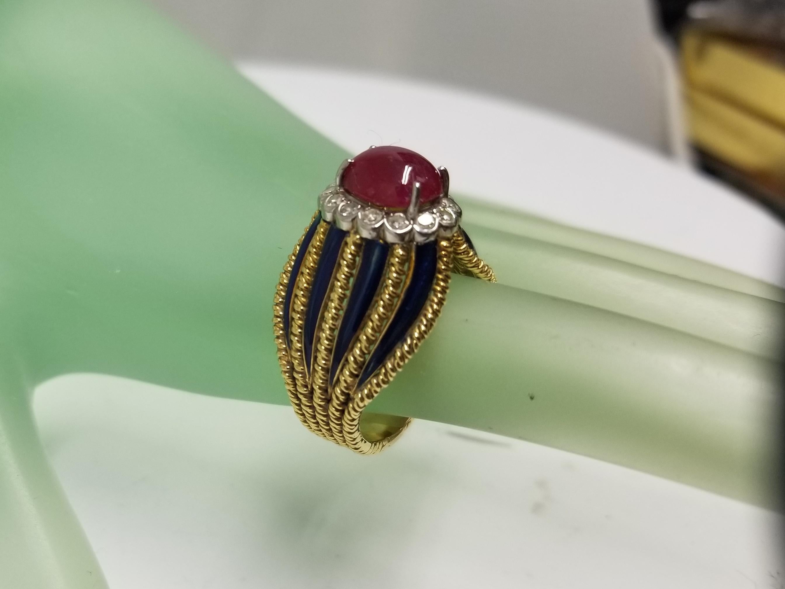 18 Karat Yellow Gold Ruby and Diamond Ring with 8 Blue Enamel Strips For Sale 2