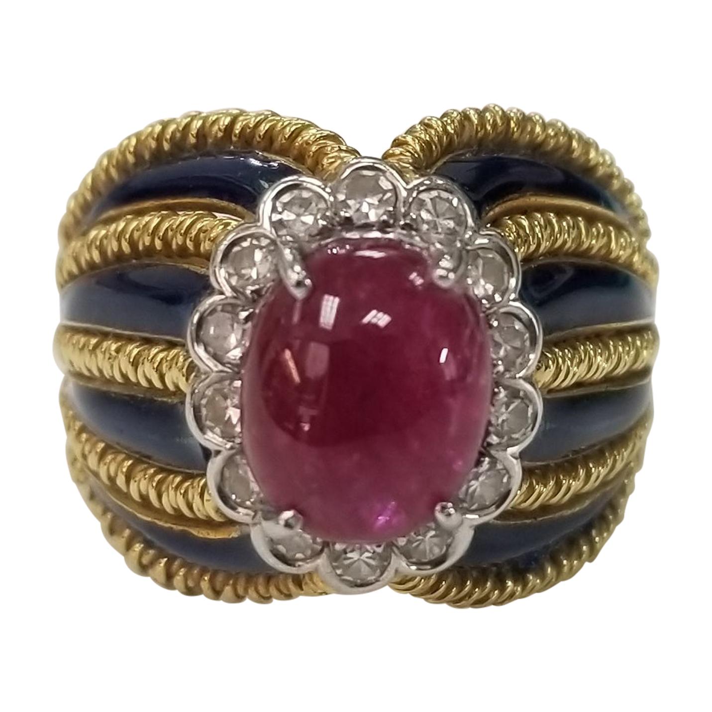 18 Karat Yellow Gold Ruby and Diamond Ring with 8 Blue Enamel Strips For Sale
