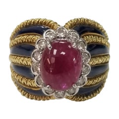 18 Karat Yellow Gold Ruby and Diamond Ring with 8 Blue Enamel Strips