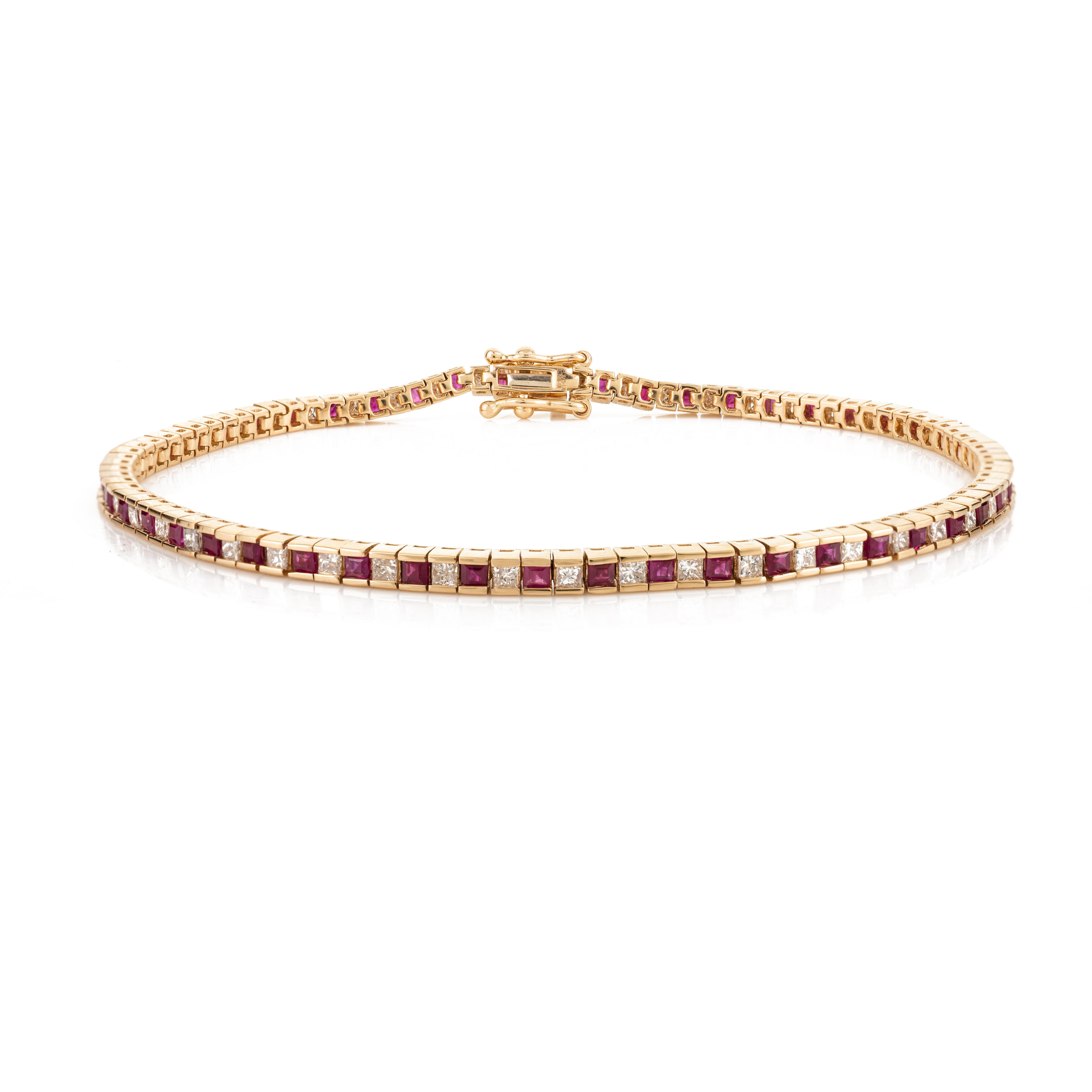 Women's 18 Karat Yellow Gold Ruby and Diamond Sleek Tennis Bracelet for Women For Sale