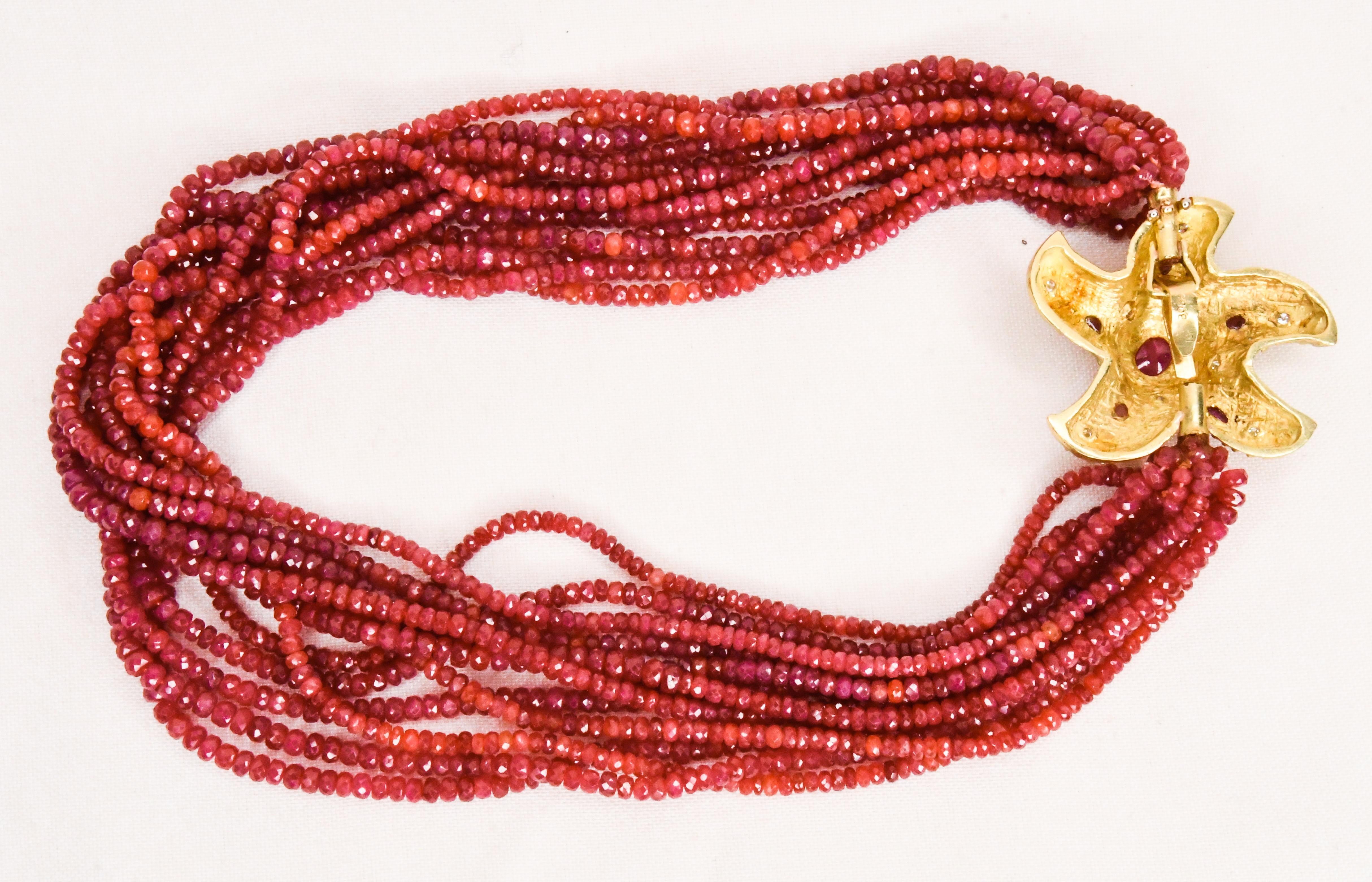 Artisan 18 Karat Yellow Gold Ruby and Diamond Starfish 12 Strand Faceted Ruby Beads For Sale