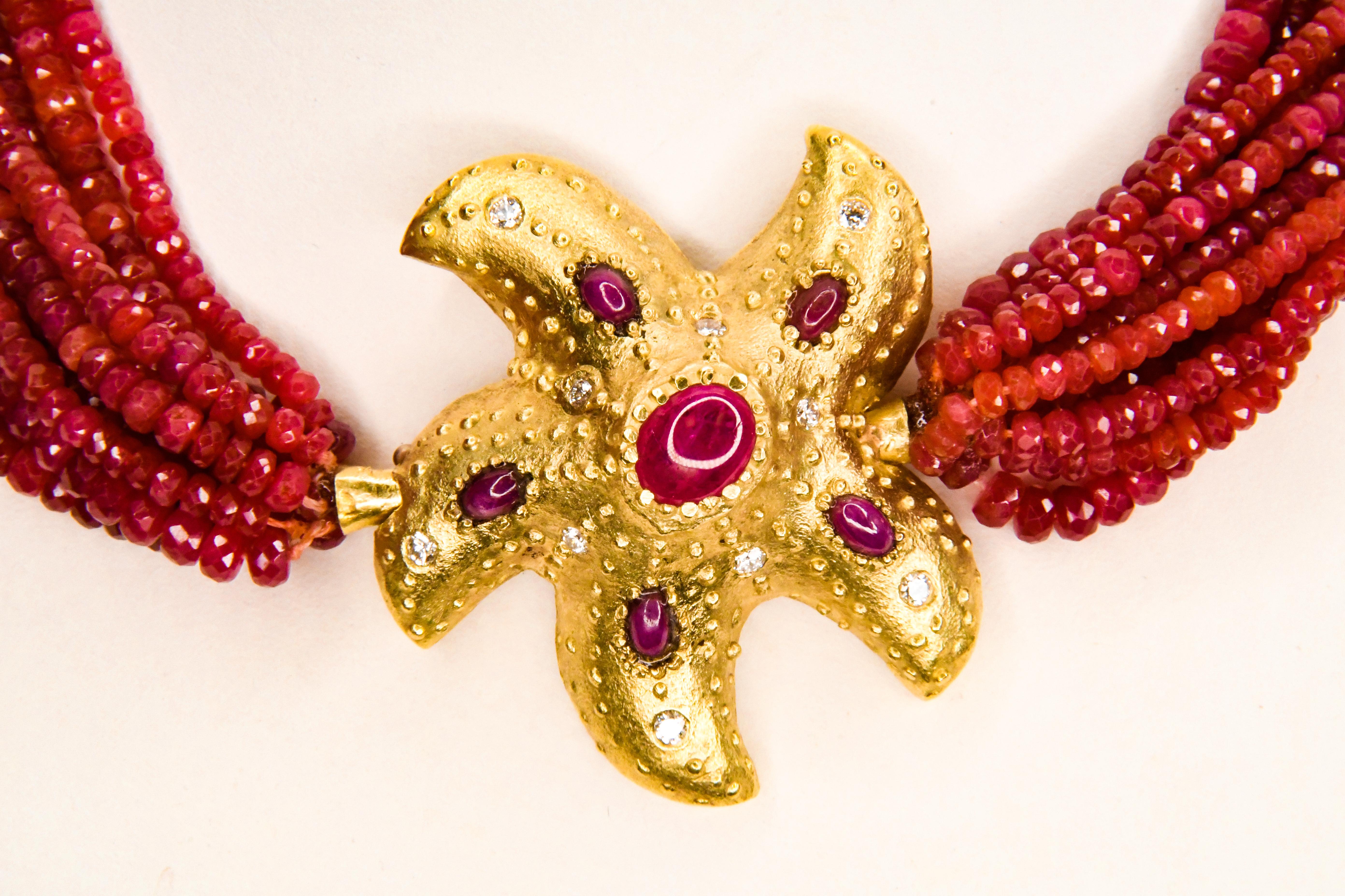 18 Karat Yellow Gold Ruby and Diamond Starfish 12 Strand Faceted Ruby Beads In New Condition For Sale In Palm Beach, FL