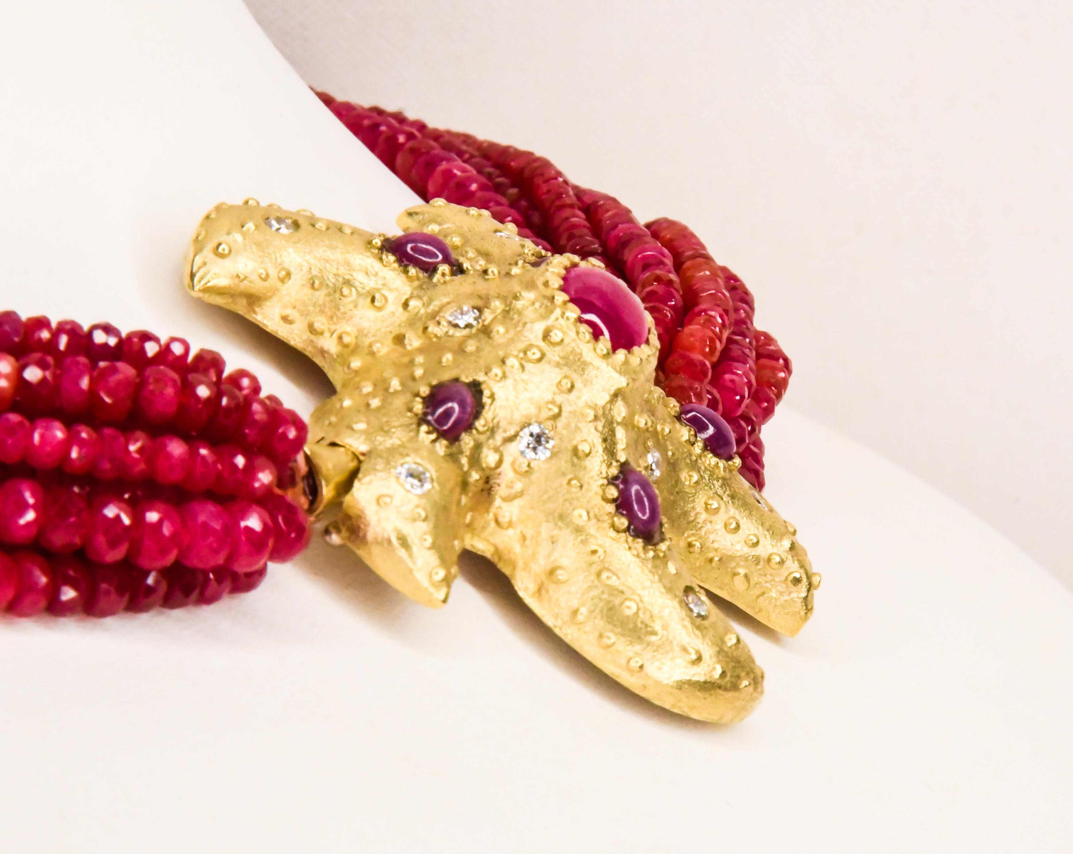 18 Karat Yellow Gold Ruby and Diamond Starfish 12 Strand Faceted Ruby Beads For Sale 1