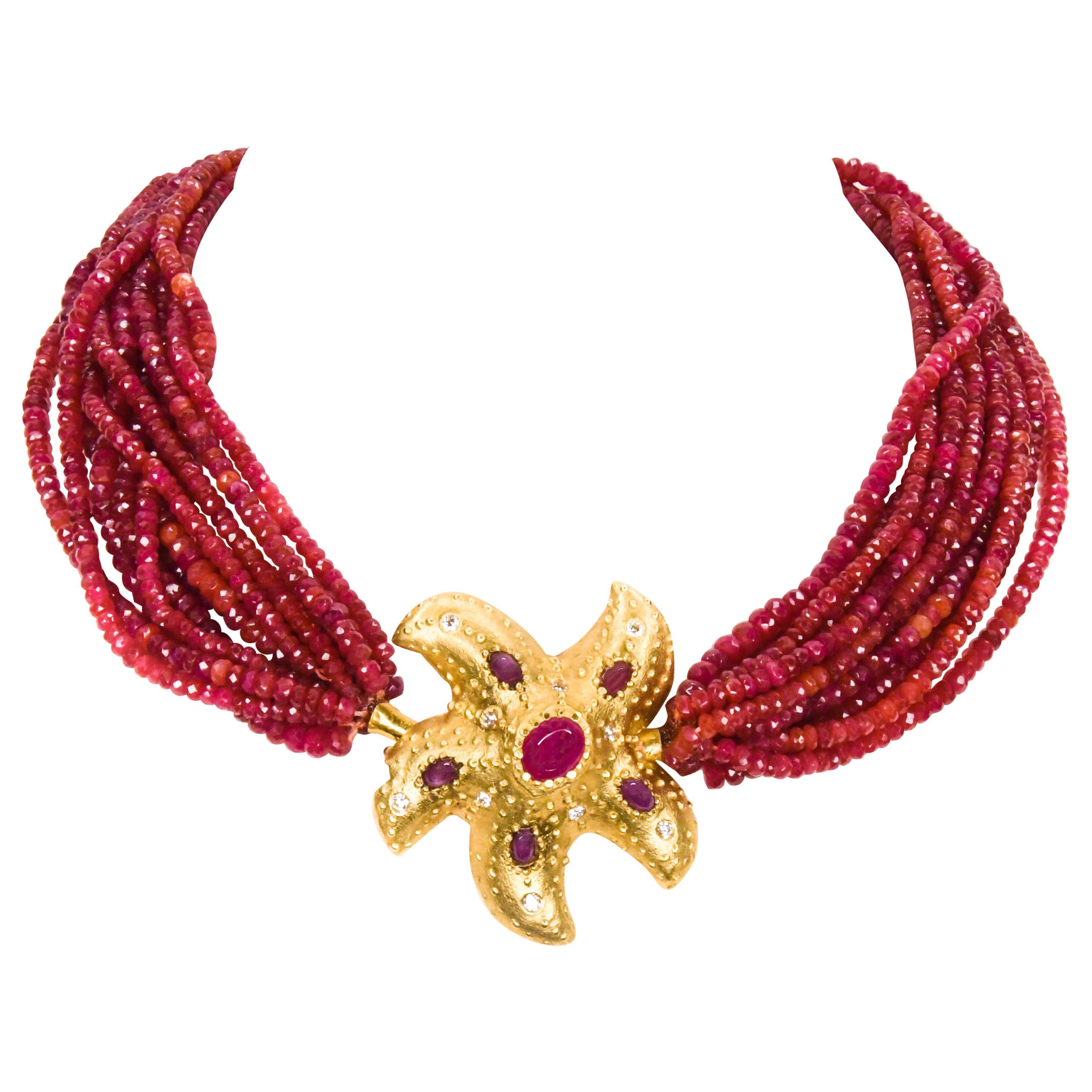 18 Karat Yellow Gold Ruby and Diamond Starfish 12 Strand Faceted Ruby Beads For Sale