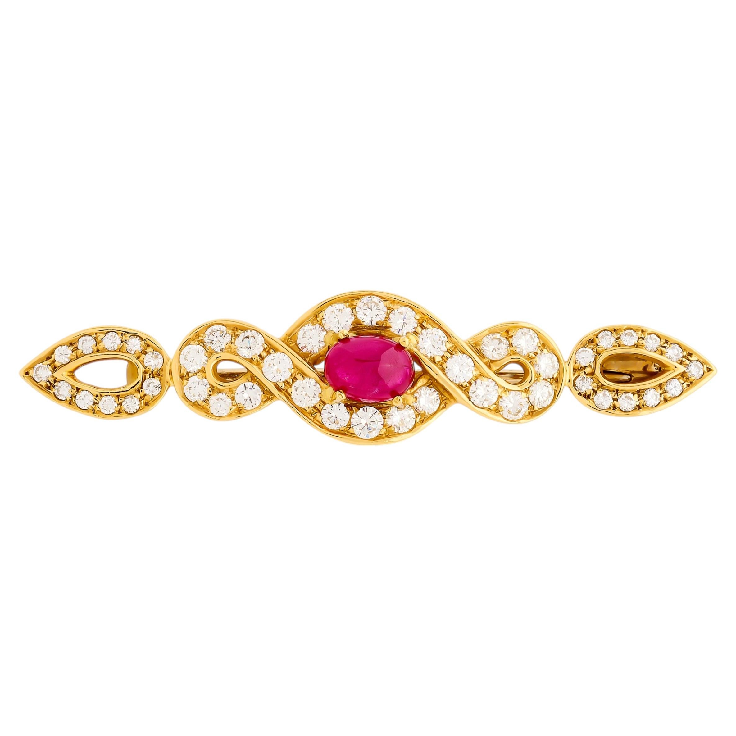 18 Karat Yellow Gold Ruby and Diamond Twisted Straight Pin