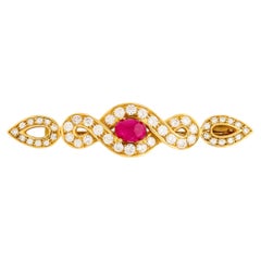 18 Karat Yellow Gold Ruby and Diamond Twisted Straight Pin