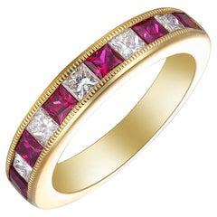 18 Karat Yellow Gold, Ruby and Diamonds Band Ring