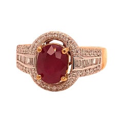 Natural Ruby with Baguettes and Round Diamonds Ring In 18K Solid Yellow Gold