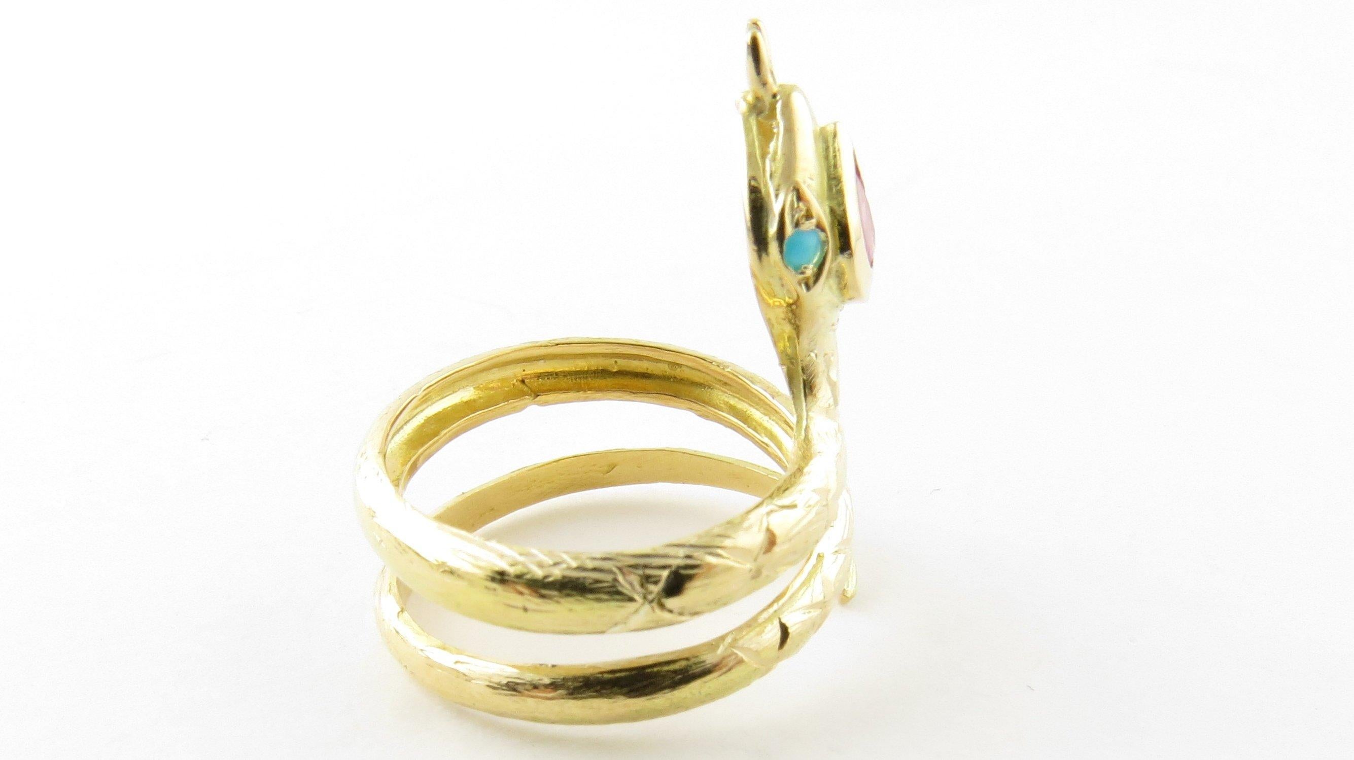 Women's 18 Karat Yellow Gold Ruby and Turquoise Snake Ring