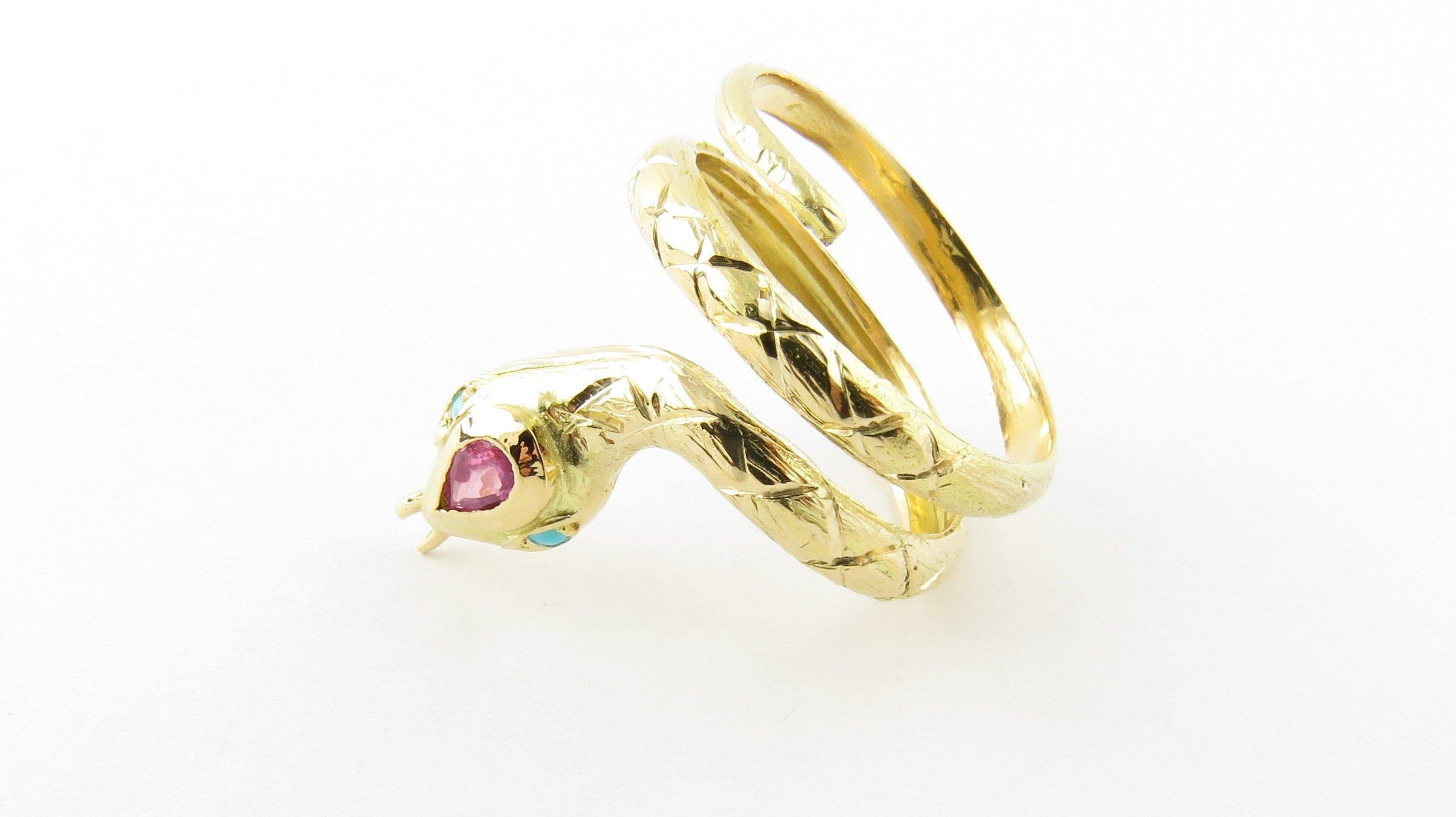 18 Karat Yellow Gold Ruby and Turquoise Snake Ring 4